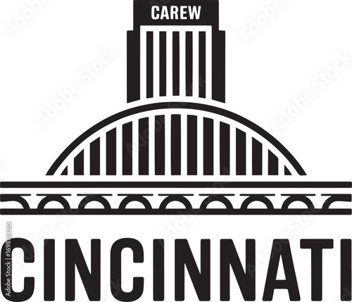 Cincinnati Skyline Silhouette Vector Illustration with Carew Tower and City Name Design