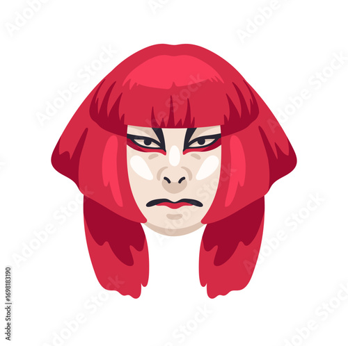 Kabuki mask with red hair and ornamented with lines. Traditional East Asian theatre masque with makeup. Ancient Japanese disguise with tattoos on face. Flat isolated vector illustration on white