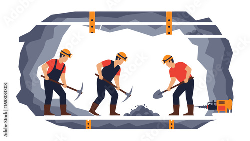 Underground Labor: Hardworking individuals toil within the earth, utilizing tools to extract valuable resources, reflecting dedication and industrial effort.