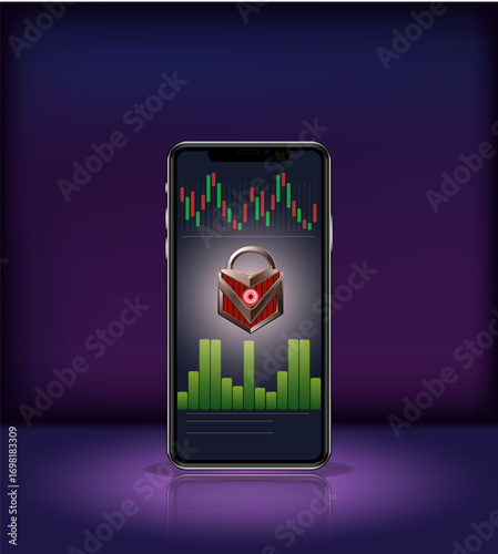 Smartphone screen showing cryptocurrency trading charts with a digital padlock symbol, representing secure mobile trading, blockchain security, and financial data protection.