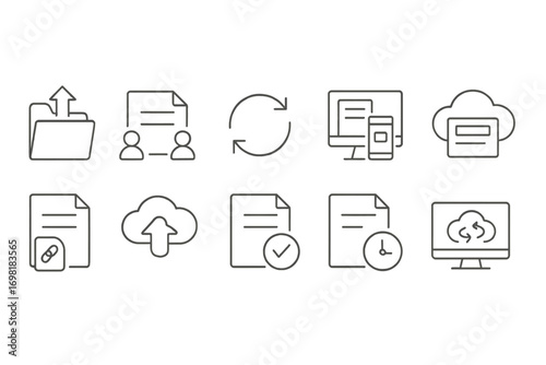 Cloud storage and synchronization icon set. Upload, download, document icons. Vector illustrations.