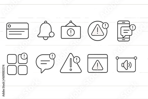 Alert warning outline icon set. notifications, caution and alarm outline collection