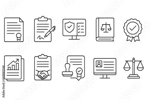 Legal, document outline icon set. law, office, contract icons linear collection