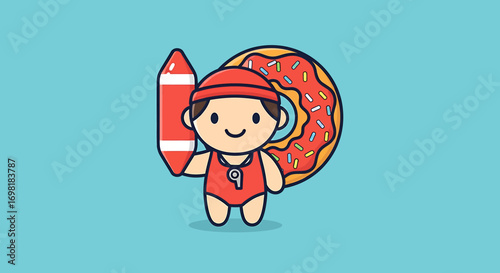 Kawaii lifeguard boy mascot character with a life preserver and a sprinkle donut pool float for summer vacation fun