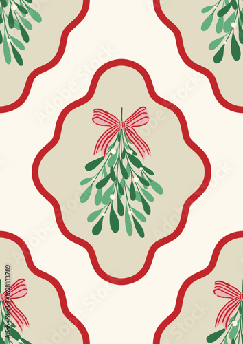 Trendy Christmas seamless pattern. Retro Christmas pattern design with bows and mistletoe in frames for wrapping paper, cardboard box, gift bag, card, cover. Vector seamless pattern.