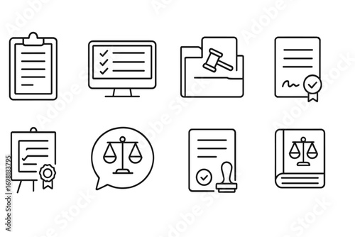 Legal, law outline icon set. justice, court, document, and contract symbols