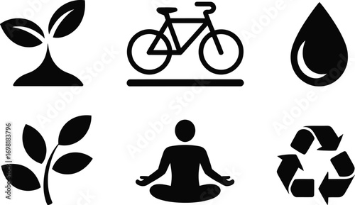 Set of icons representing environmentalism, health, and sustainability