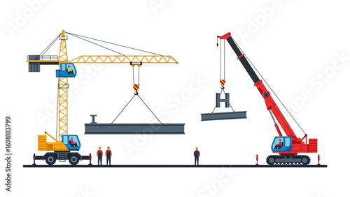 Construction Cranes in Action: Two robust construction cranes diligently maneuver massive steel beams, their combined efforts shaping the framework of a new project.