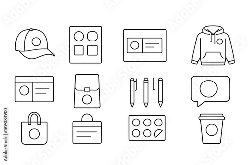 Business essentials outline icon set. office, finance, stationery representation