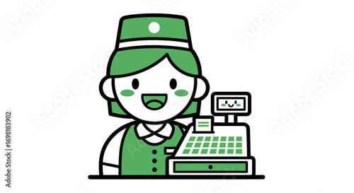 A cheerful female clerk in a green uniform operates a cash register, depicted in a simple, flat vector style for service industry concepts