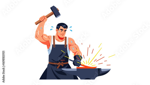 Artisan in Action: A muscular artisan, focused and determined, swings a sledgehammer, shaping metal on an anvil with sparks flying. Evoking strength and skill.