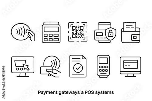Payment and pos systems outline icon set. banking, transaction, processing icons collection