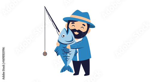 A cheerful bearded fisherman character proudly holding a large fish, celebrating a successful catch. Vector art illustrating a joyful outdoor hobby