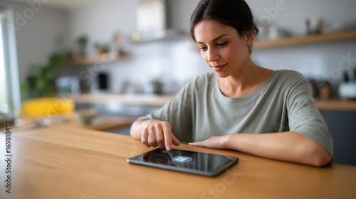 Free Download Tablet showing a lock icon on a kitchen counter a woman organizing nearby her home modern and sunlit smart home security digital lock interface modern kitchen home automation - GFXLoad
