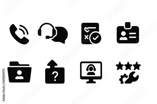 Customer support solid icon set. Phone, headset, help desk, ID card, service black glyphs. Vector icons.
