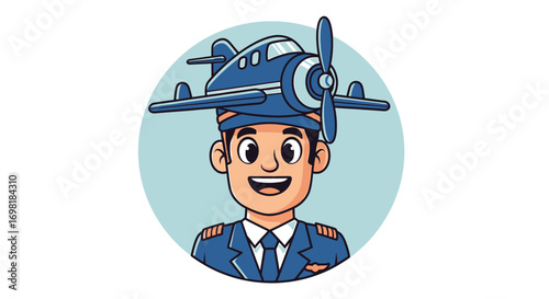 Smiling cartoon pilot in uniform, playfully adorned with a small airplane as a hat, embodying the spirit of aviation and dreams of flying