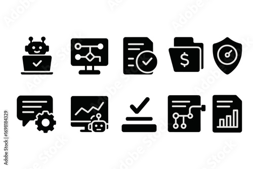 Business technology solid icon set. data, security, workflow, finance icons