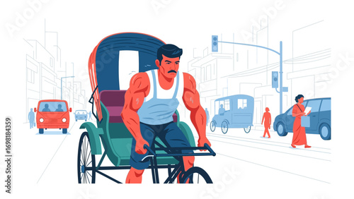 Pedicab Rider in City: A strong pedicab rider navigates bustling streets, offering a unique mode of transport amidst modern vehicles and urban activity. 