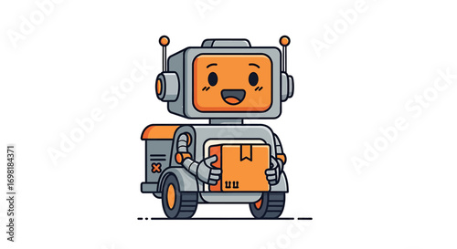 Cute cartoon robot courier with a smiling face holding a cardboard package for an automated last-mile delivery service on a white background