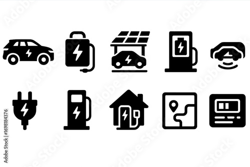 Electric vehicle charging silhouette icon set. ev, battery, sustainable energy icons