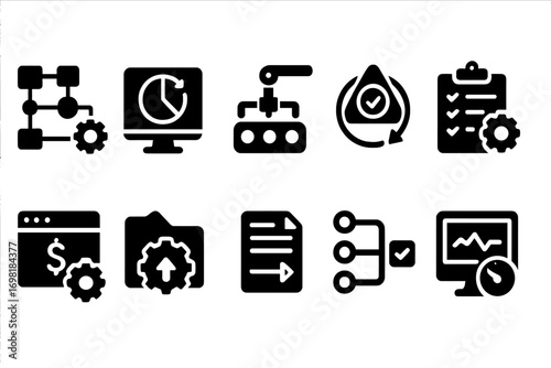 Workflow and productivity solid icon set. task management, process automation collection