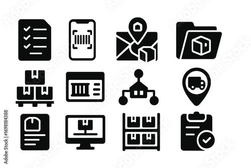 Warehouse, logistics silhouette icon set. inventory, delivery symbols in silhouette style