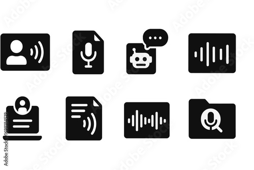 Speech and transcription solid icon set. Voice to text, chatbot, microphone, soundwave icons. Vector icons.
