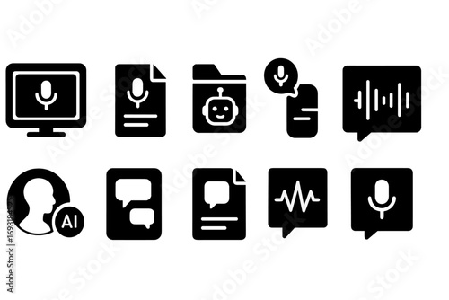 Voice recognition solid icon set. Microphone, AI voice, chatbot, sound wave, speech icons. Vector icons.