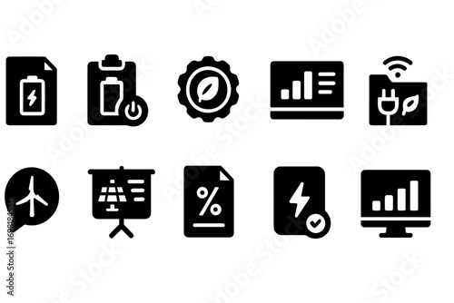 Energy, environment solid icon set. sustainability, power, efficiency icons collection