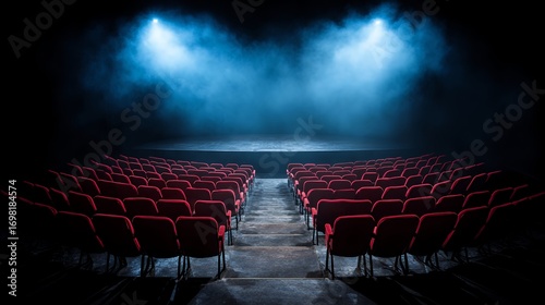 Empty Theater with Red Seats and Dramatic Blue Lighting