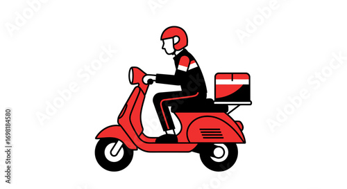 Vector illustration of a courier riding a red scooter for a fast food or parcel delivery service