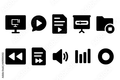 Technology presentation solid icon set. multimedia, conference symbols collection