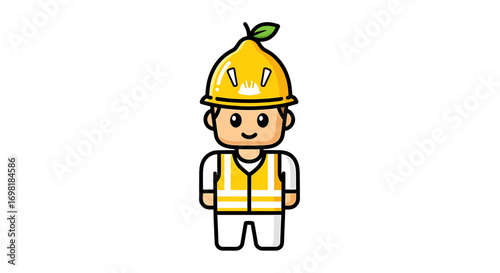 Cartoon character wearing a hard hat resembling a lemon, representing a construction worker