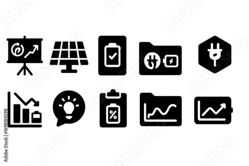 Business and energy silhouette icon set. charts, folders, power icons in silhouette style