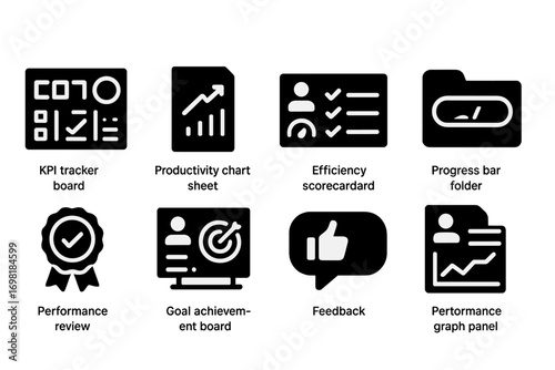 Business management silhouette icon set. performance, kpi, progress icons