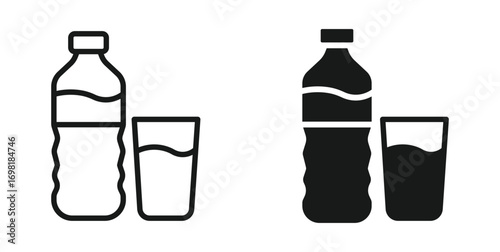 A bottle of water and a glass of water icon set, vector illustration . 
