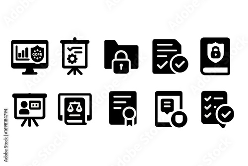 Privacy and security silhouette icon set. data protection, secure document icons collection