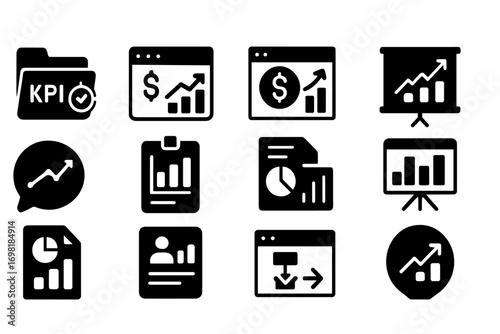 KPI reports, financial analytics icon set. Growth chart, business performance, data dashboard solid icons.