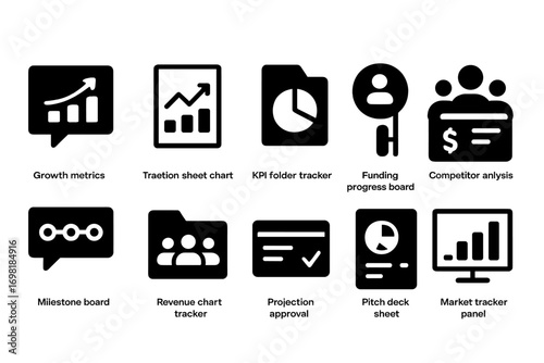 Business, finance silhouette icon set. analytics, graphs, tracking silhouette collection