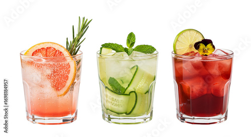 Three refreshing cocktails isolated on transparent background, closeup