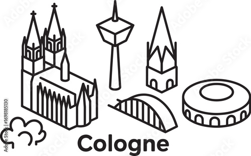 Cologne Cityscape Outline Vector Illustration with Landmarks and Typography Design Element
