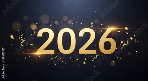Vibrant Golden 2026 New Year Celebration Display with Sparkling Confetti and Bokeh