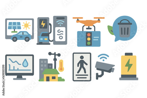 Smart city flat icon set. technology, transportation, energy, security icons collection