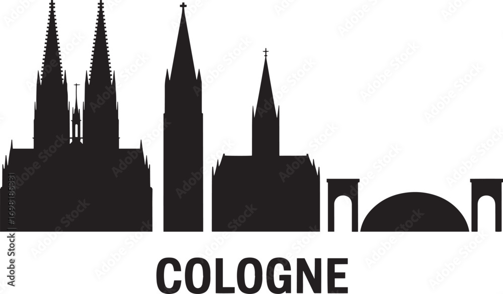 Fototapeta premium Cologne Cityscape Silhouette Vector Illustration with Cathedral, Tower, and Bridge