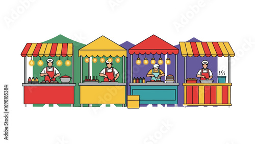 Food Stalls: Capturing the vibrant atmosphere of a local market, featuring various food stalls and vendors. Evoking a sense of community and the joy of culinary exploration.
