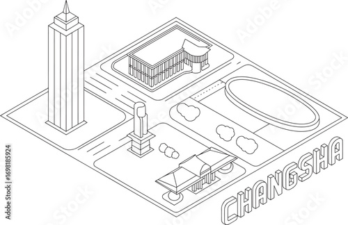 Isometric Changsha Cityscape Outline Vector Illustration with Modern Buildings and Landmarks