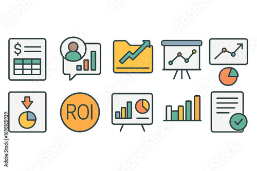 Business, finance outline icon set. chart, growth, roi icons for strategic planning