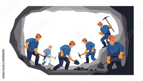 Digging Deep: A determined team of miners excavates within the confines of a dark tunnel. Their dedication shines through as they extract vital resources from the earth's depths.