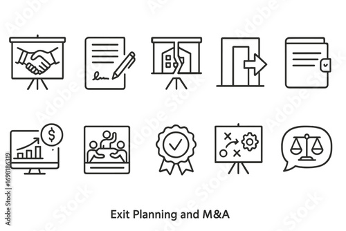 Business, finance outline icon set. strategy, analysis, success icons collection