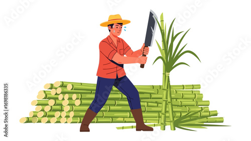 Man Harvesting Sugar Cane: A man in a straw hat meticulously harvests sugarcane with a large blade, showcasing the dedication of labor-intensive farming.